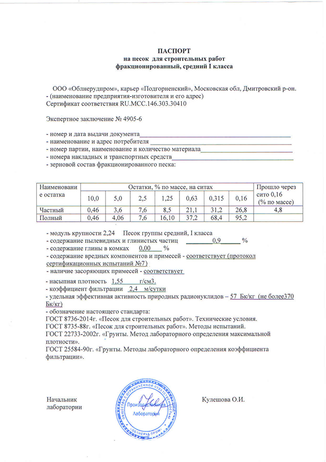 Паспорт На Строительный Песок В 2019 Году - Скачать Бесплатно